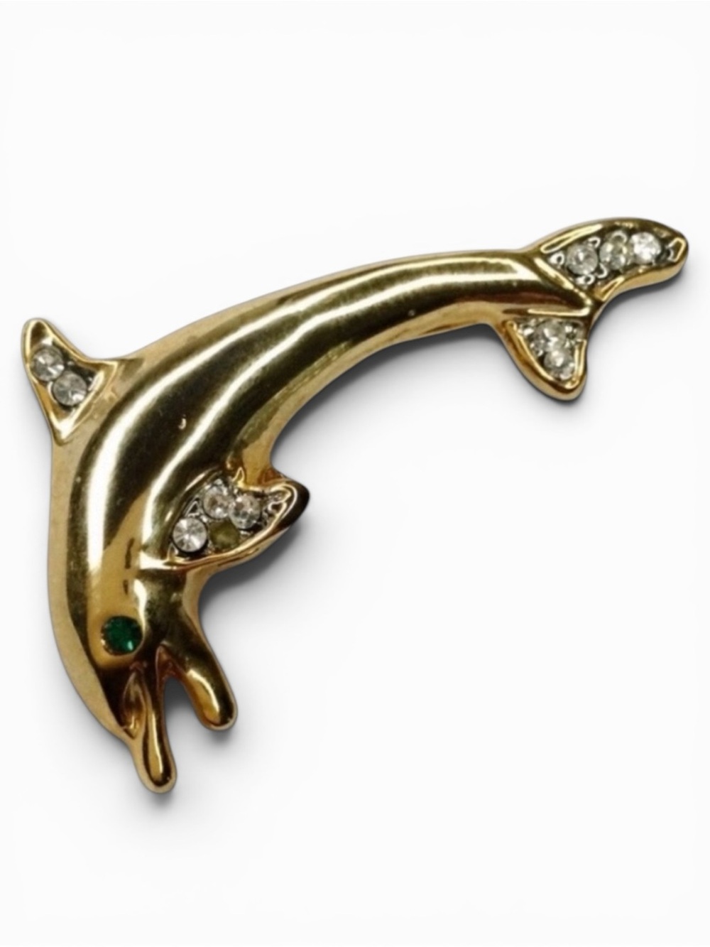Vintage Gold‑Tone Dolphin Brooch – Green Rhinestone Eye - Playful & Coastal - Picture 6 of 9